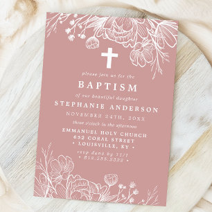 Invitación Rosa Polvoriento y Floral Blanco Bautizo