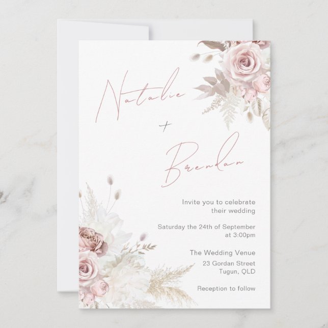 Invitación Rosa polvoriento y marfil Boda floral de escritura (Anverso)