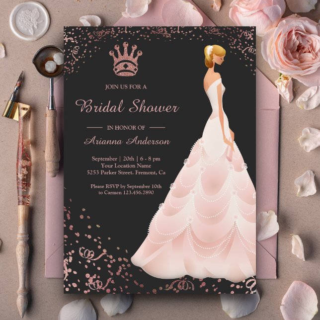 Invitación Rosa Princesa de Oro Vestida Gray Bridal Shower (Subido por el creador)