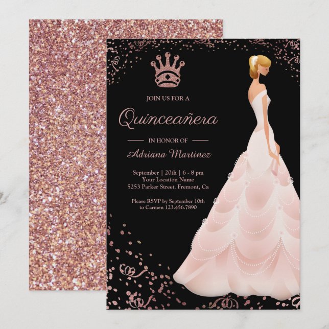 Invitación Rosa Princesa de Oro Vestido Negro Quinceanera (Anverso / Reverso)