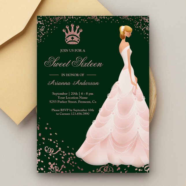 Invitación Rosa Princesa Dorada Vestido Verde Dulce Dieciséis (Subido por el creador)