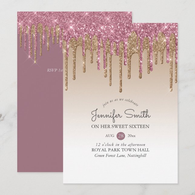 Invitación Rosa Princesa PINK GOLD Drip Purpurina DULCE 16 16 (Anverso / Reverso)