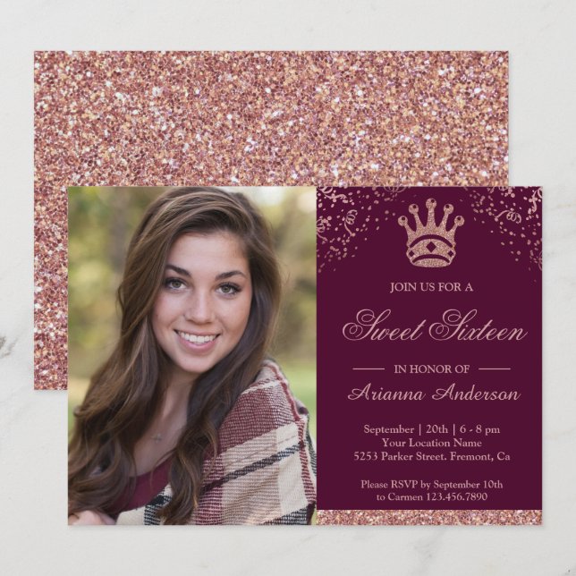 Invitación Rosa Princesa Purpurina de oro Foto Dulce (Anverso / Reverso)