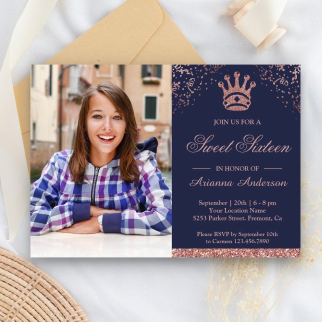 Invitación Rosa Princesa Purpurina de oro Foto Dulce (Subido por el creador)