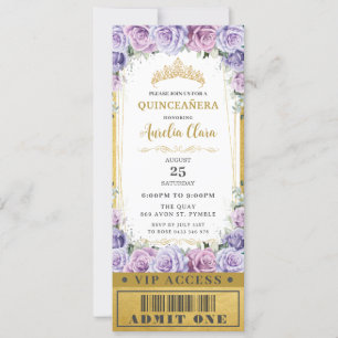 Invitación Rosa Purple Floral Quinceañera Sweet 16 VIP Ticket