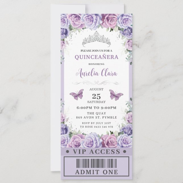 Invitación Rosa Purple Floral Quinceañera Sweet 16 VIP Ticket (Anverso)