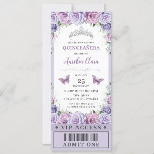 Invitación Rosa Purple Floral Quinceañera Sweet 16 VIP Ticket