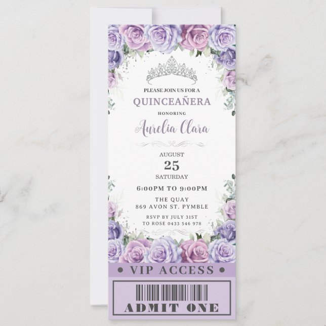 Invitación Rosa Purple Floral Quinceañera Sweet 16 VIP Ticket (Anverso)