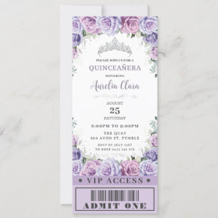 Invitación Rosa Purple Floral Quinceañera Sweet 16 VIP Ticket