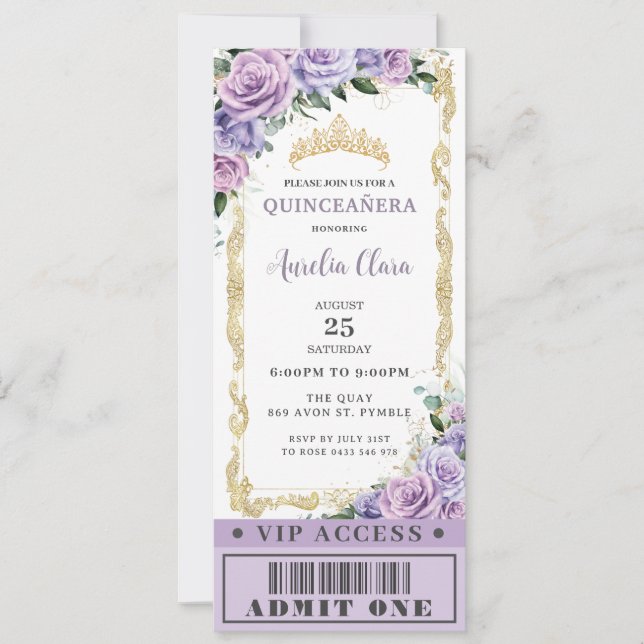 Invitación Rosa Purple Floral Quinceañera Sweet 16 VIP Ticket (Anverso)