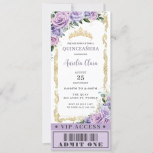 Invitación Rosa Purple Floral Quinceañera Sweet 16 VIP Ticket