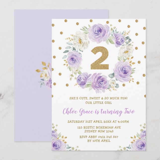 Invitación Rosa Purple Gold Bonito  de cumpleaños Fiesta (Anverso / Reverso)