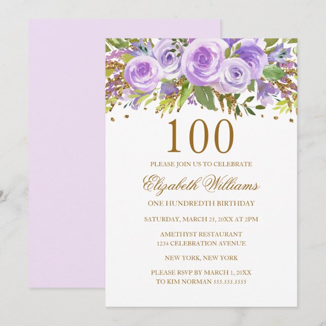 Invitación Rosa Purple Gold Floral 100 cumpleaños (Anverso / Reverso)