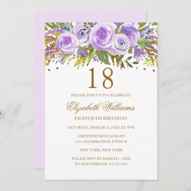 Invitación Rosa Purple Gold Floral 18 cumpleaños (Anverso / Reverso)