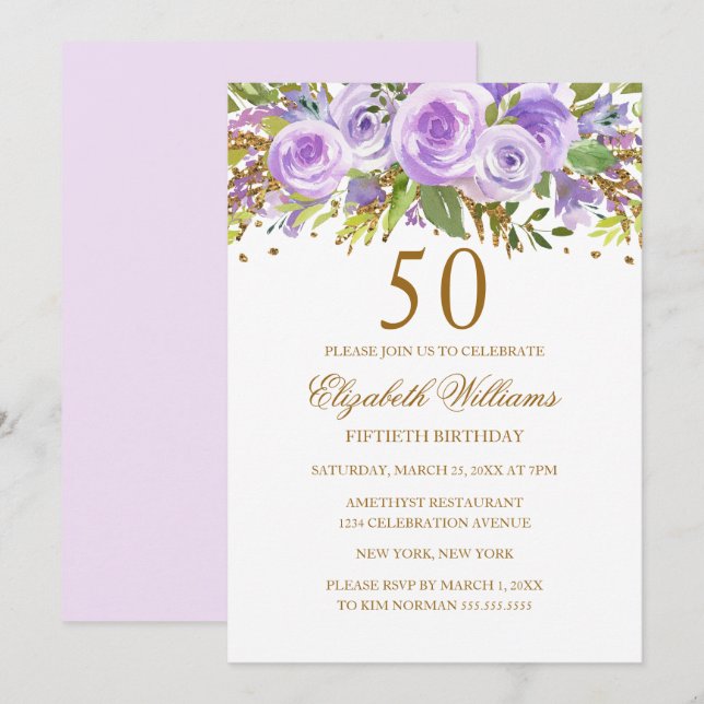 Invitación Rosa Purple Gold Floral 50 cumpleaños (Anverso / Reverso)