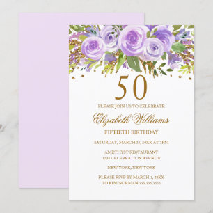 Invitación Rosa Purple Gold Floral 50 cumpleaños