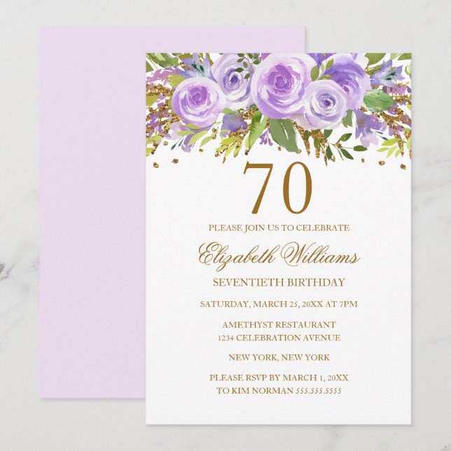 Invitación Rosa Purple Gold Floral 70 cumpleaños (Anverso / Reverso)