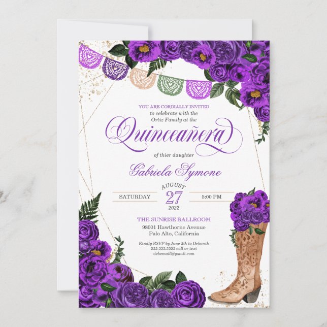 Invitación Rosa púrpura Charra Cowgirl Boots Quinceañera (Anverso)