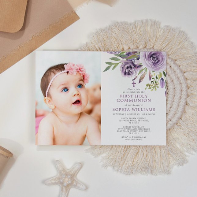Invitación Rosa púrpura Chica de fotografía floral Primera co (Subido por el creador)