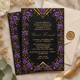 Invitación Rosa Púrpura Dorada Negra Elegante