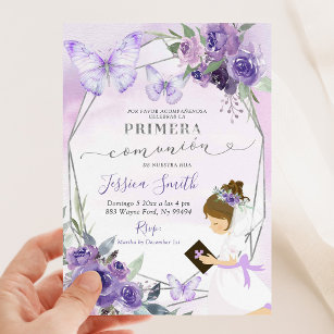 Invitación Rosa púrpura español Chica Kneeling Primera Comuni