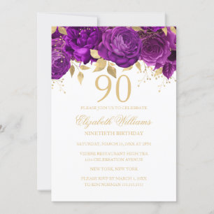 Invitación Rosa Púrpura Floral Dorada Cumpleaños 90