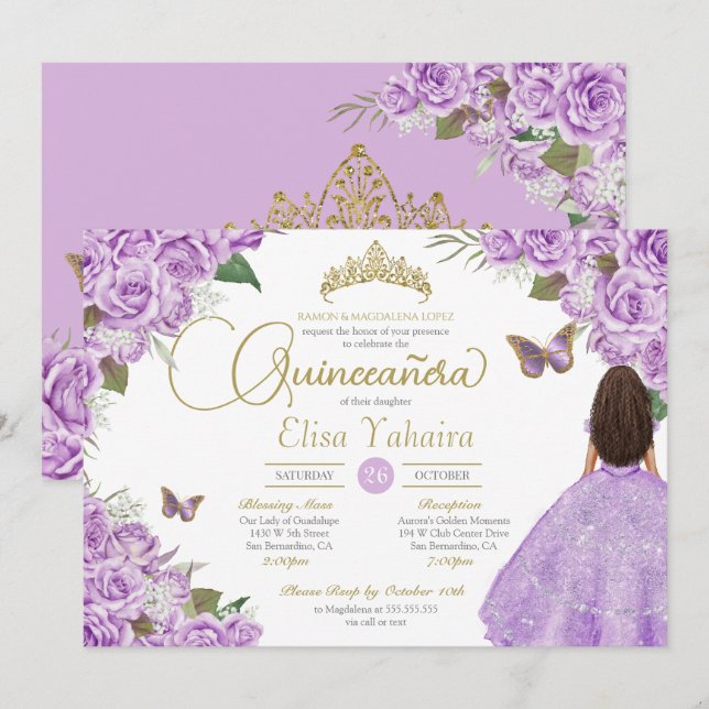 Invitación Rosa Púrpura Floral Oro Tiara Mariposa Quince Inv (Anverso / Reverso)