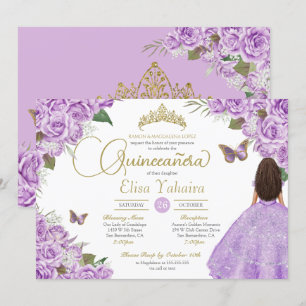 Invitación Rosa Púrpura Floral Oro Tiara Mariposa Quince Inv