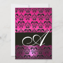 Invitación ROSA PÚRPURA NEGRO DAMASCO MONOGRAMA ,fucsia blan