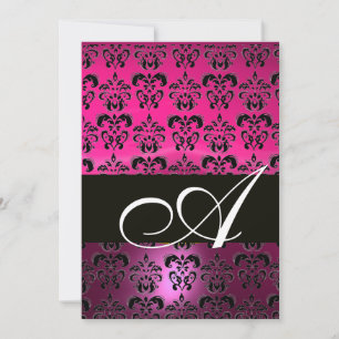 Invitación ROSA PÚRPURA NEGRO  DAMASCO MONOGRAMA ,fucsia blan