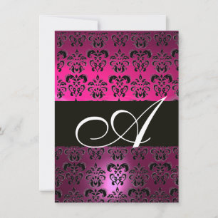 Invitación ROSA PÚRPURA NEGRO  DAMASCO MONOGRAMA  fucsia blan