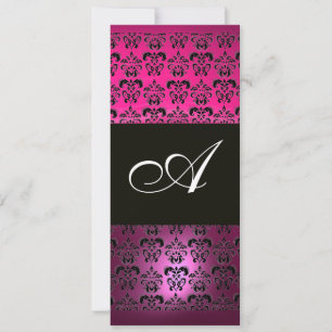 Invitación ROSA PÚRPURA NEGRO DAMASCO MONOGRAMA ,fucsia blan