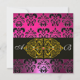 Invitación ROSA PÚRPURA NEGRO  DAMASCO MONOGRAMA ,fucsia,oro