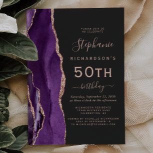 Invitación Rosa Púrpura Oro Ágata Oscuro Cumpleaños 50