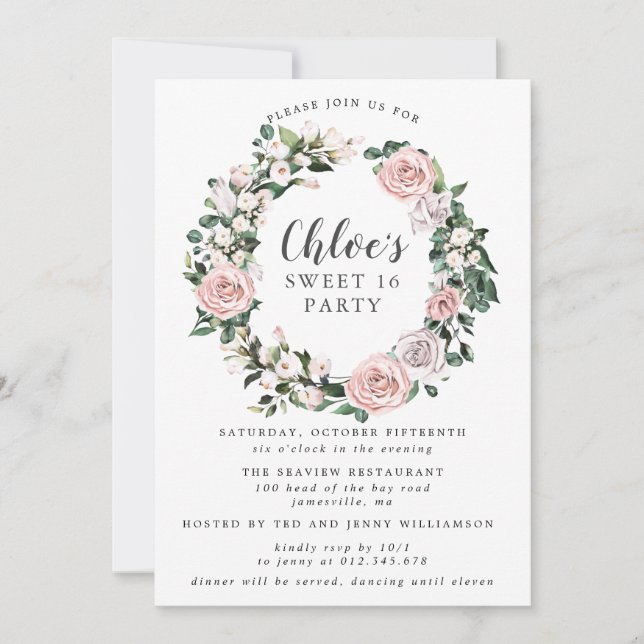 Invitación Rosa Púrpura Rosa Dulce Floral Dieciséis Fiestas (Anverso)