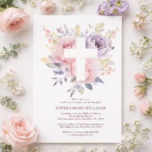 Invitación Rosa púrpura y cruz blanca para niña Bautizo