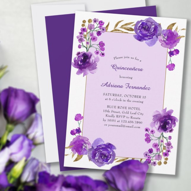 Invitación Rosa púrpura y hoja de oro elegante Quinceanera (Subido por el creador)