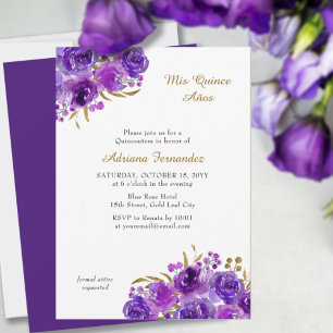 Invitación Rosa Púrpura y Hoja Dorada Quince Años Quinceanera