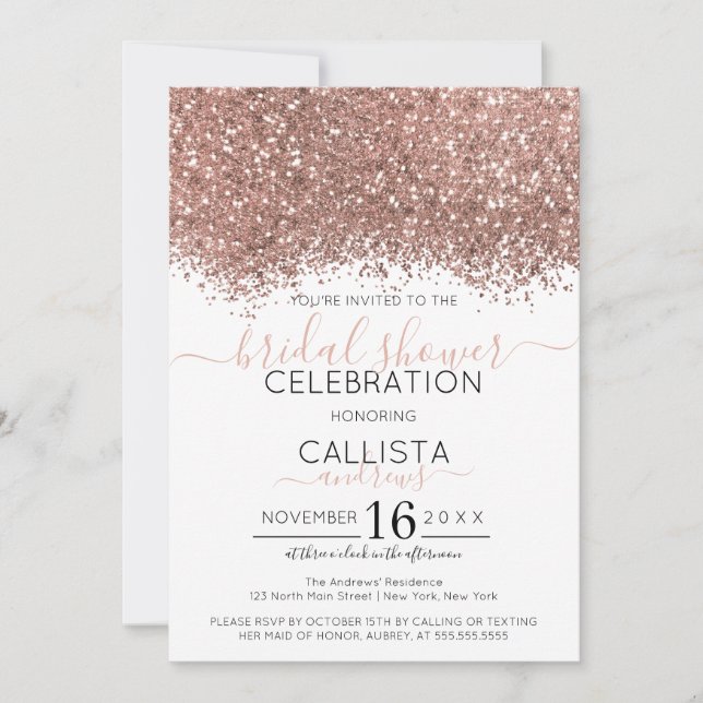 Invitación Rosa Purpurina blanco Confetti Bridal Shower (Anverso)