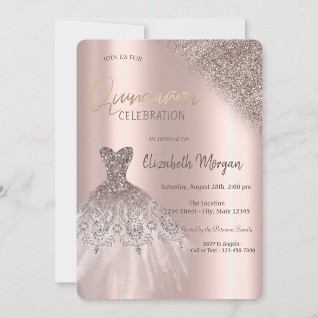 Invitación Rosa Purpurina Bokeh Vestido Quinceañera (Anverso)