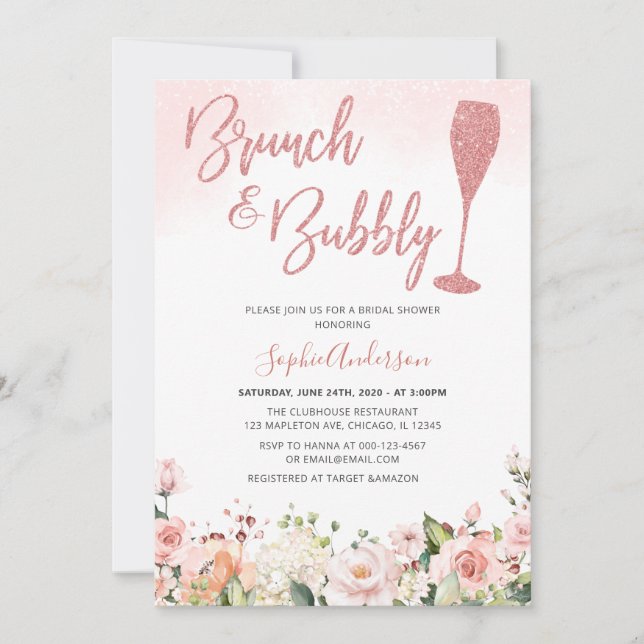 Invitación Rosa purpurina Brunch De Oro Y Ducha Bubbly Bridal (Anverso)