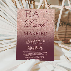 Invitación Rosa  purpurina burgundy boda de escritura
