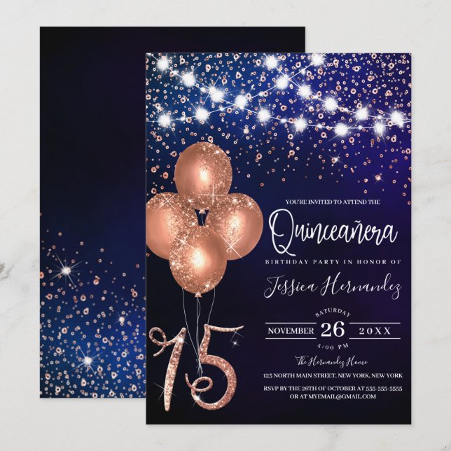 Invitación Rosa Purpurina Confetti Globos Luz Quinceañera (Anverso / Reverso)