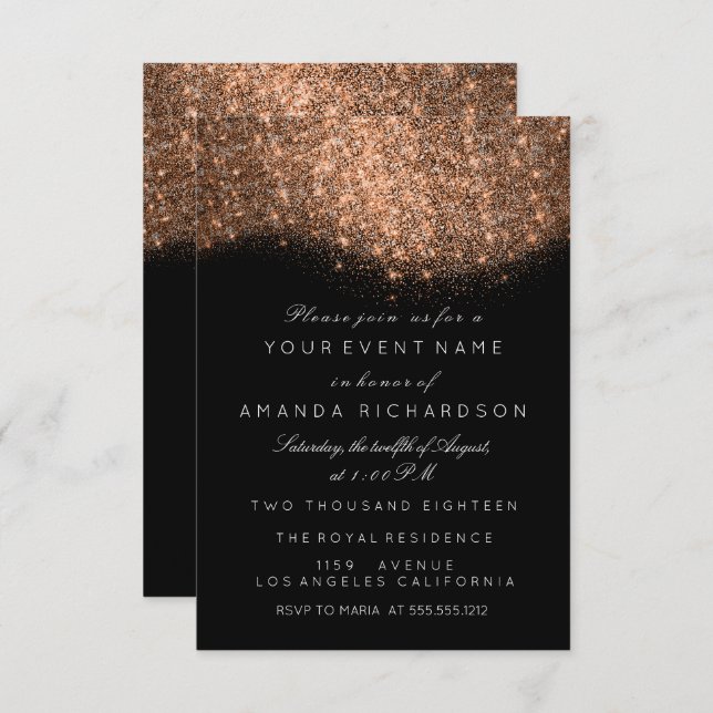 Invitación Rosa purpurina Copper Blanco Negro Elegante (Anverso / Reverso)