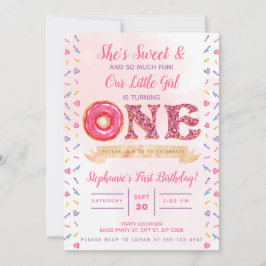 Invitación Rosa, Purpurina, cumpleaños de Donut