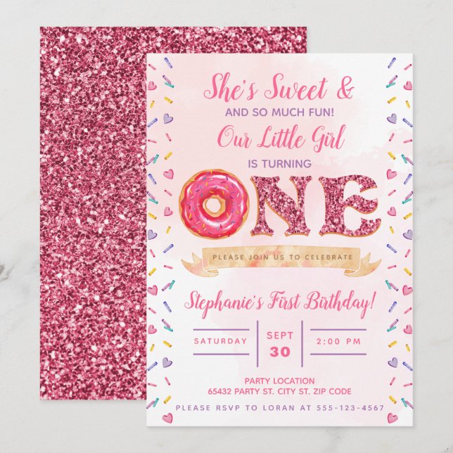 Invitación Rosa, Purpurina, cumpleaños de Donut (Anverso / Reverso)