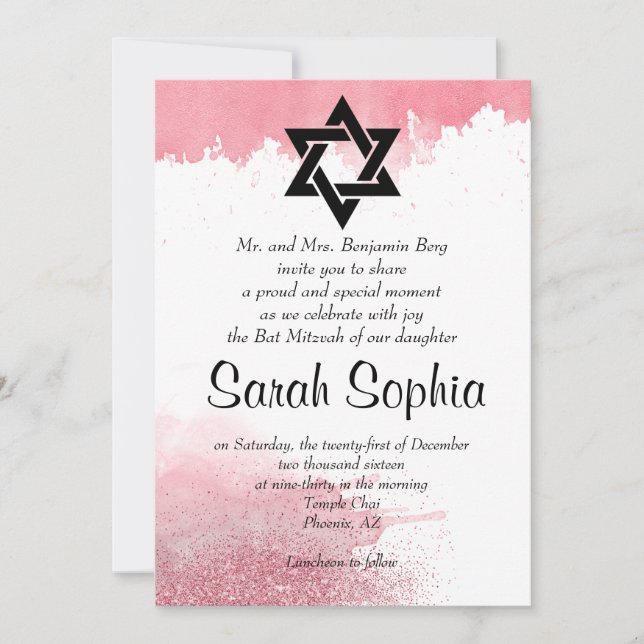 Invitación Rosa Purpurina de acuarela de oro Chica Bat Mitzva (Anverso)