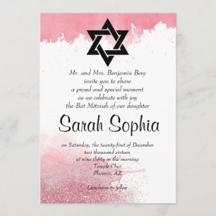 Invitación Rosa Purpurina de acuarela de oro Chica Bat Mitzva