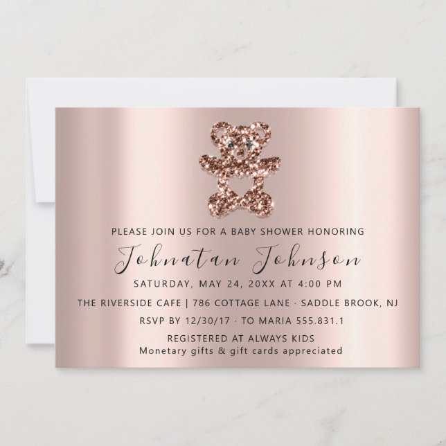 Invitación Rosa Purpurina de Baby Shower Chica Sweet Bear Boy (Anverso)