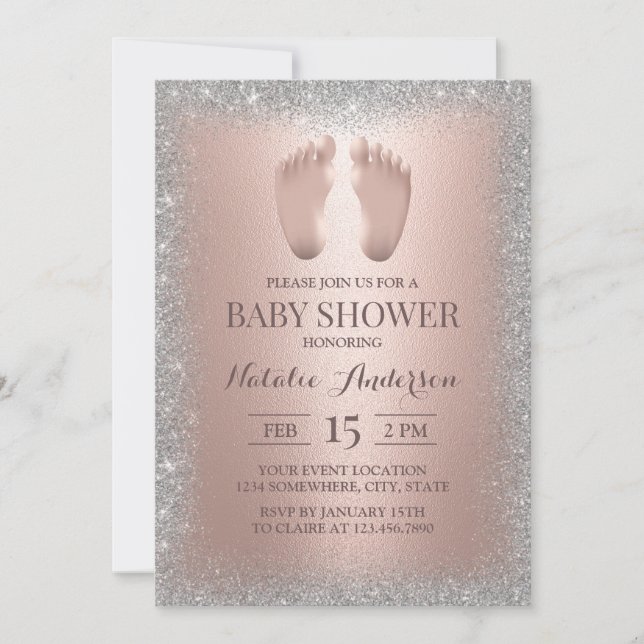 Invitación Rosa Purpurina de Baby Shower de plata para bebé d (Anverso)